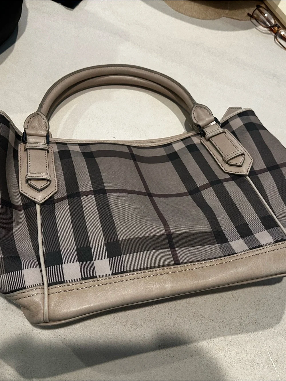 Burberry Beige and Gray Plaid Top-Handle Tote - Picture 2 of 10